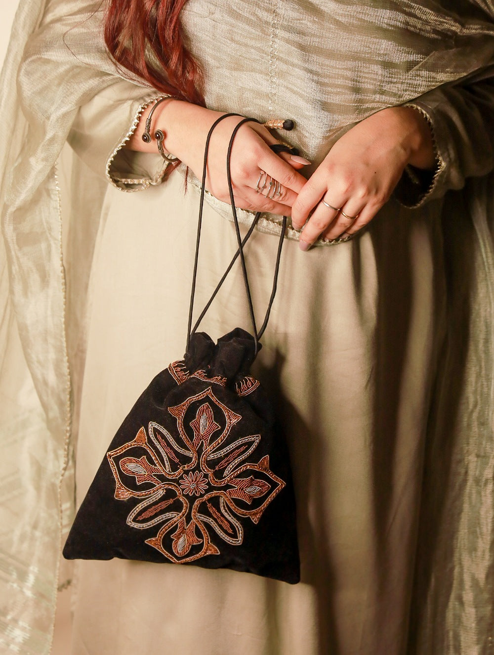 Load image into Gallery viewer, Zardozi and Resham Embroidered Evening Potli Bag - Black Ornate