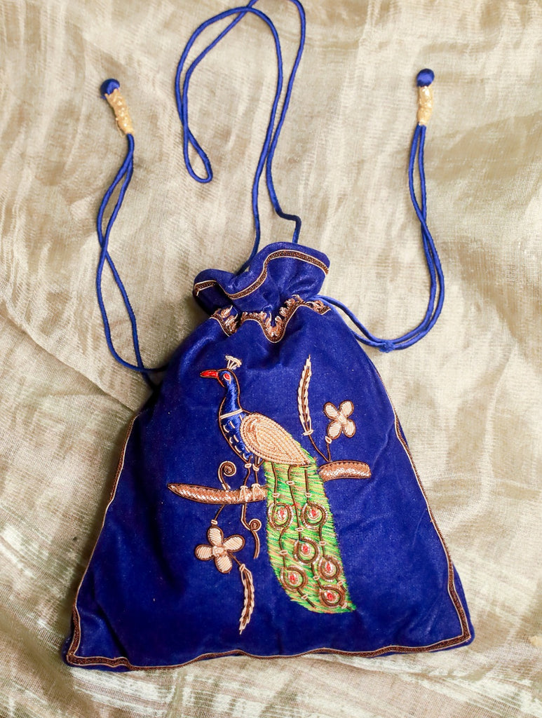 Zardozi and Resham Embroidered Evening Potli Bag - Blue Peacock