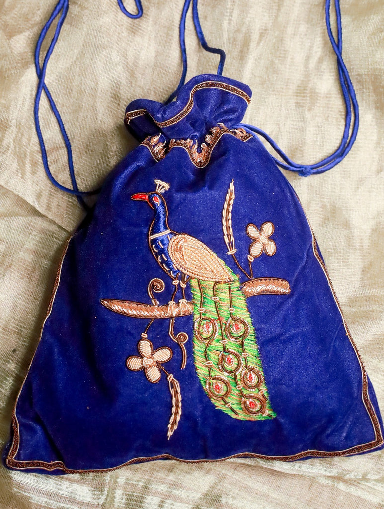 Zardozi and Resham Embroidered Evening Potli Bag - Blue Peacock