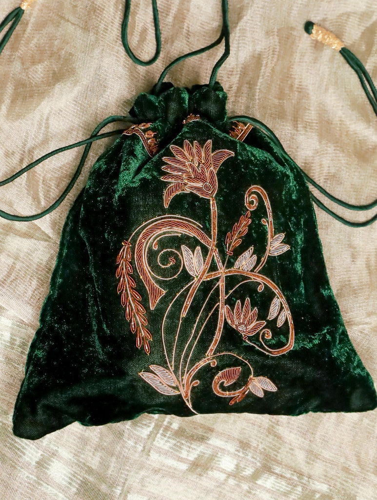 Zardozi and Resham Embroidered Evening Potli Bag - Green Floral