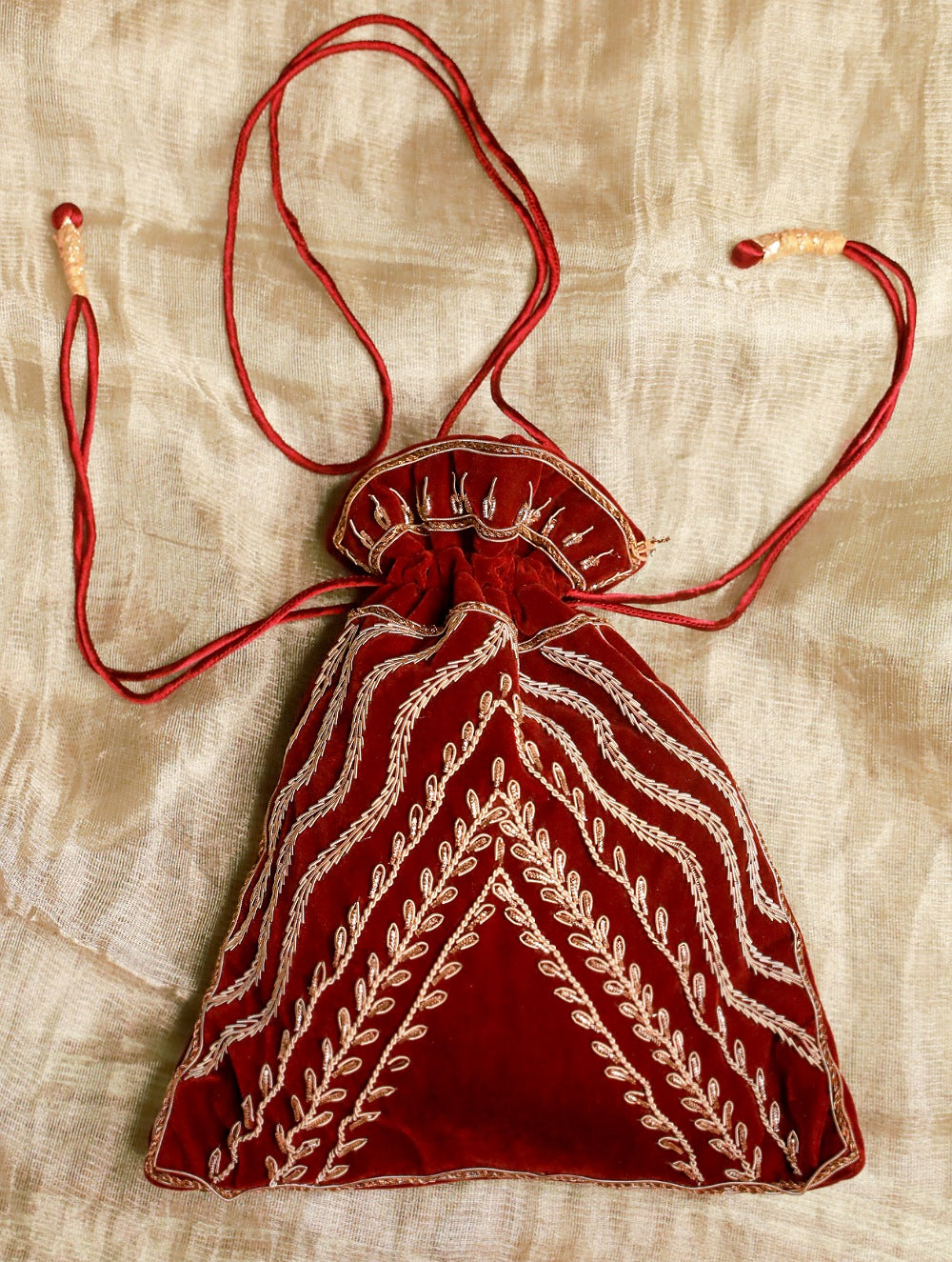 Load image into Gallery viewer, Zardozi and Resham Embroidered Evening Potli Bag - Maroon Ornate