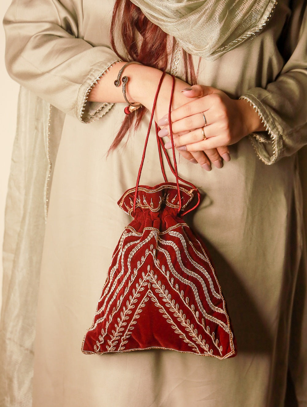 Load image into Gallery viewer, Zardozi and Resham Embroidered Evening Potli Bag - Maroon Ornate