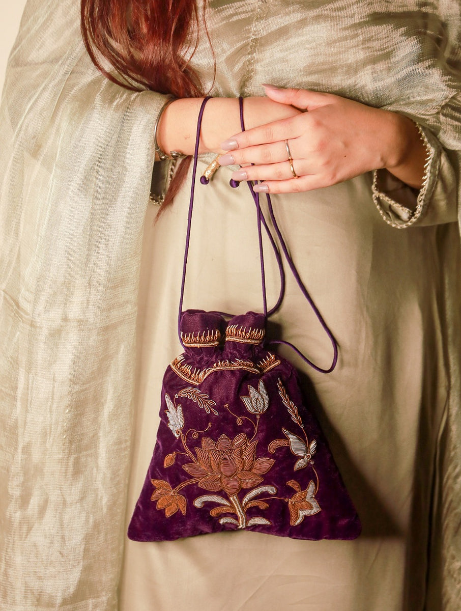 Buy Zardozi and Resham Embroidered Evening Potli Bag - Green Ornate Online