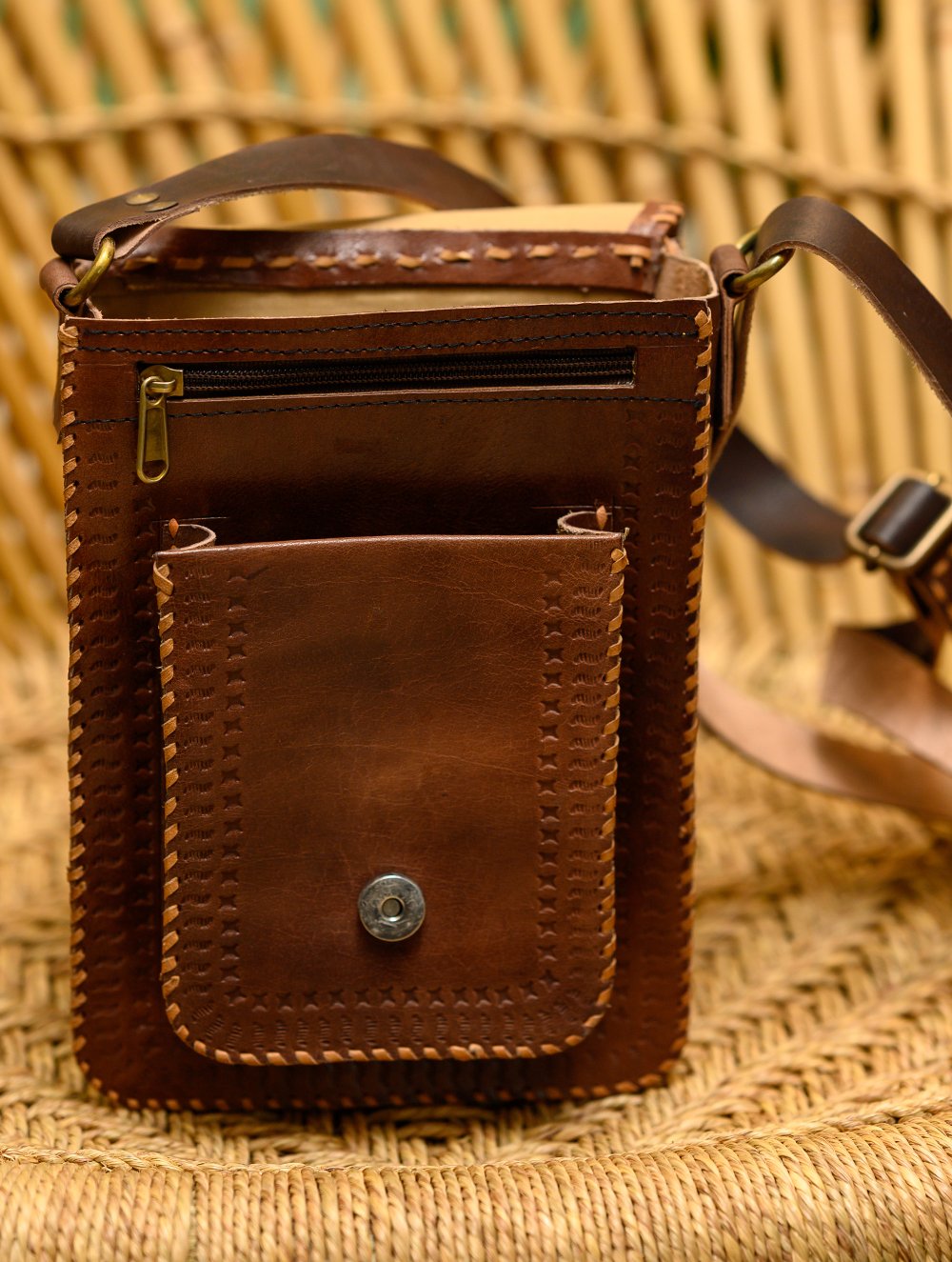 Handcrafted Leather Cross Body Bag With Hand Stitch Detail