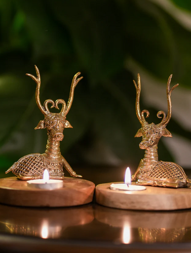 Wood & Dhokra Craft Tealight Holders (Set of 2) - The Deer