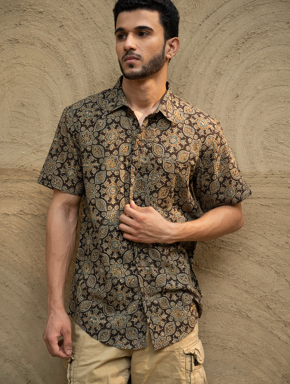 Load image into Gallery viewer, Ajrakh Hand Block Printed Cotton Shirt - Black Flora
