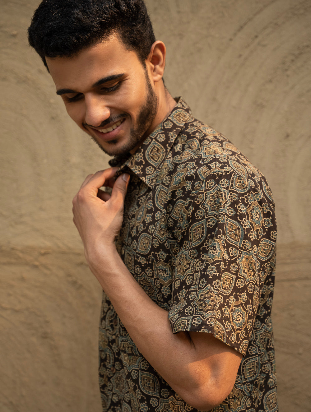 Load image into Gallery viewer, Ajrakh Hand Block Printed Cotton Shirt - Black Flora