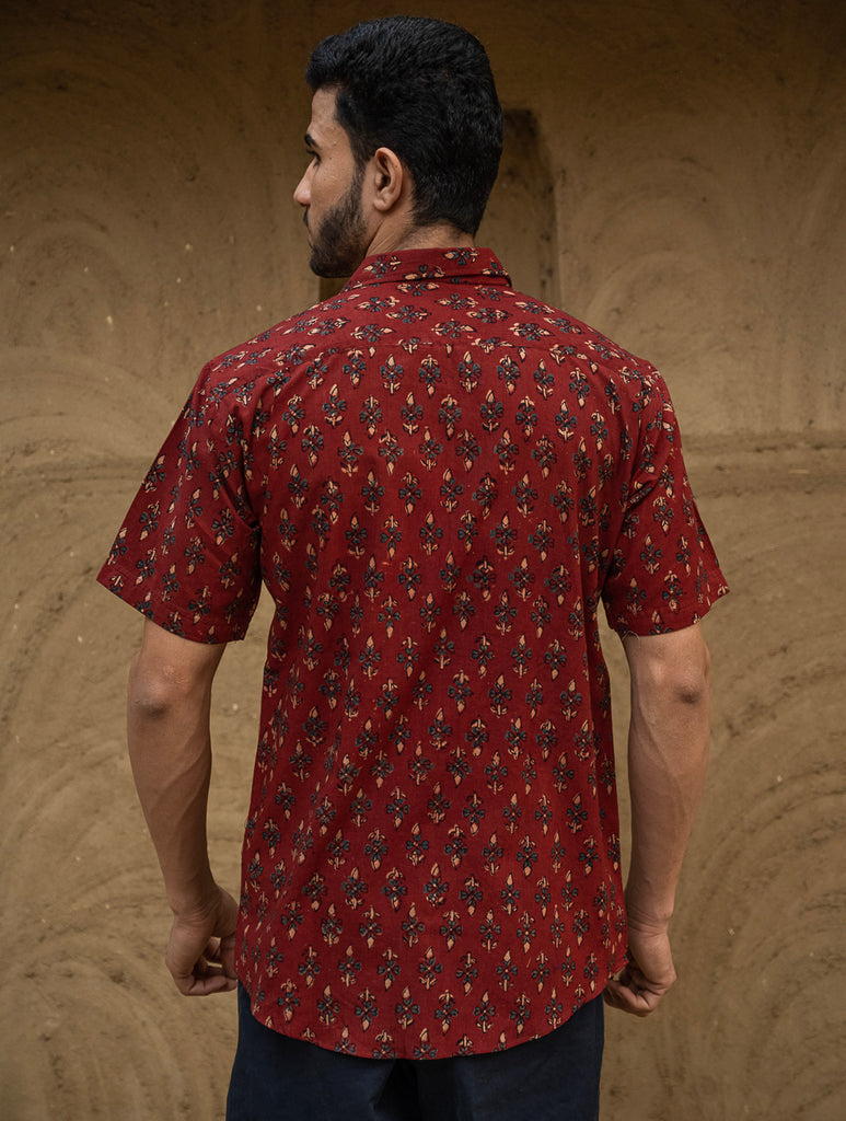 Ajrakh Hand Block Printed Cotton Shirt - Rust Floret