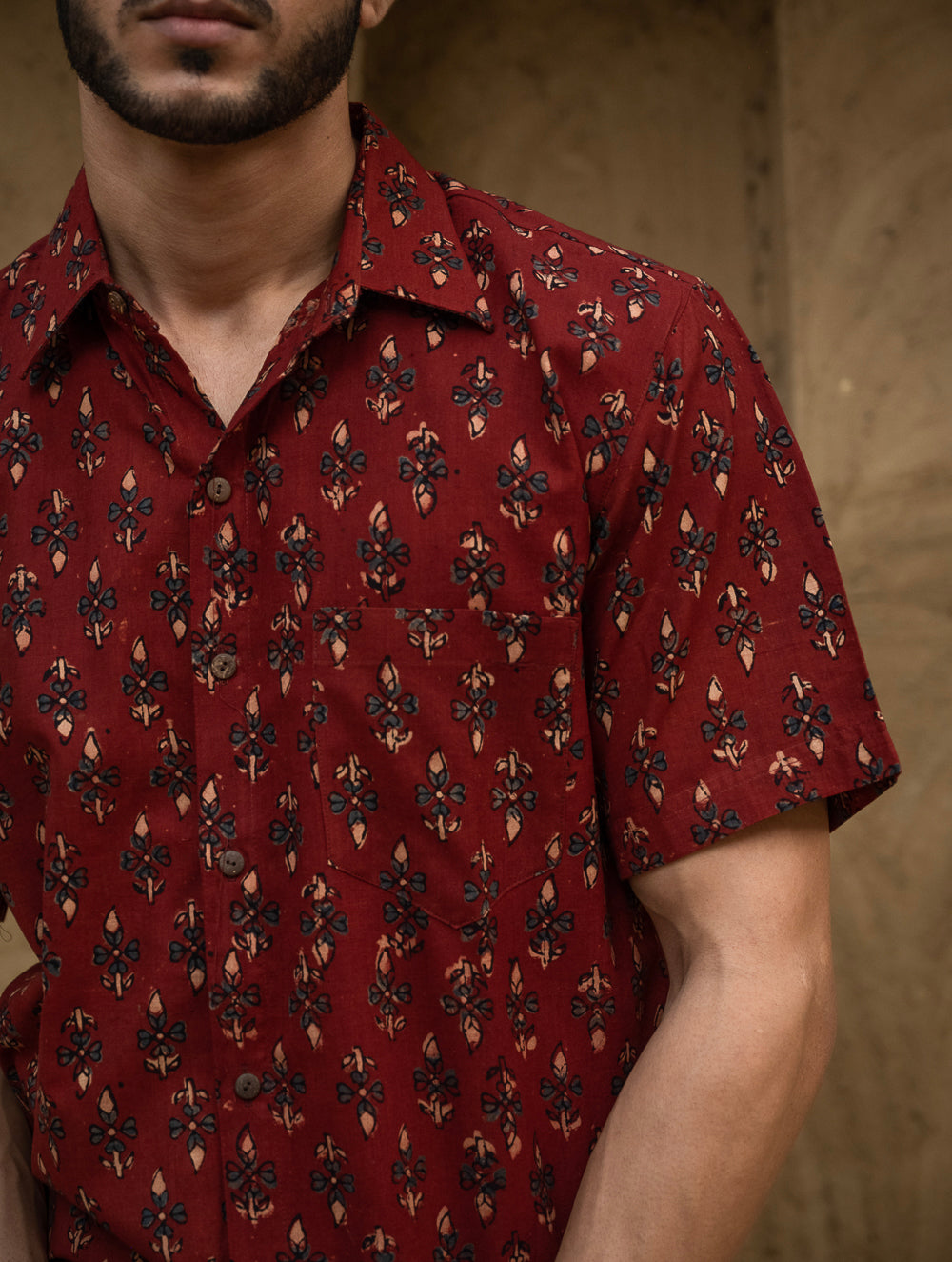 Load image into Gallery viewer, Ajrakh Hand Block Printed Cotton Shirt - Rust Floret