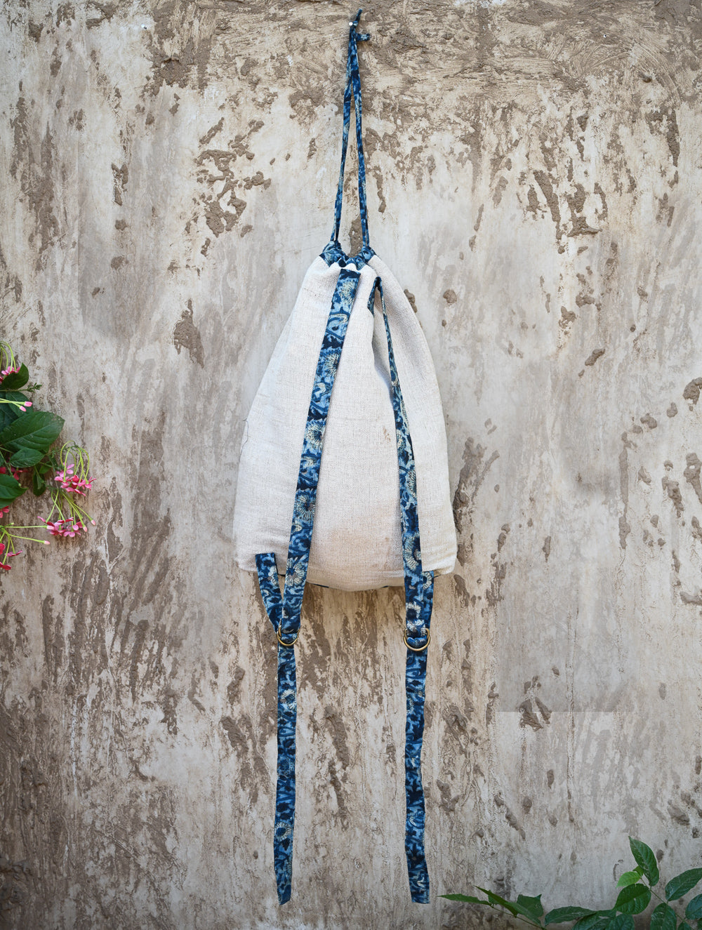 Handwoven Cotton Backpack & Sling Bag  - Indigo florals
