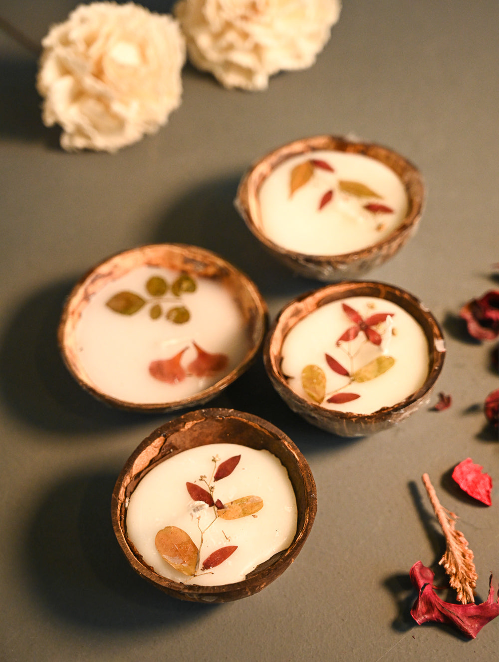 Aromatic Puducherry Wax Candles- Botanical Coconut Shell Candles (Set of 4)