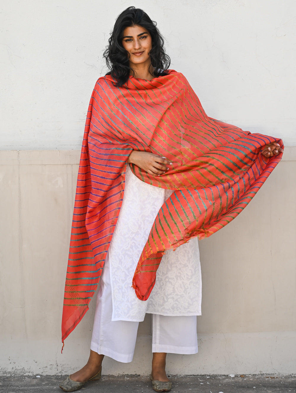 Exclusive Lehariya Chanderi Dupatta - Marigold Wave.