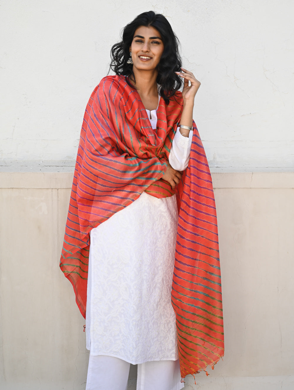 Exclusive Lehariya Chanderi Dupatta - Marigold Wave.