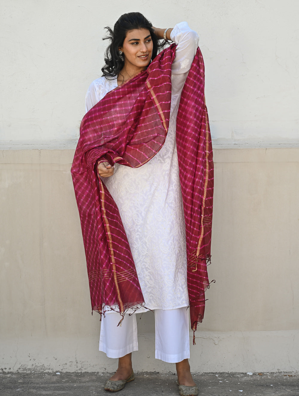 Exclusive Lehariya Chanderi Dupatta - Berry Blast.