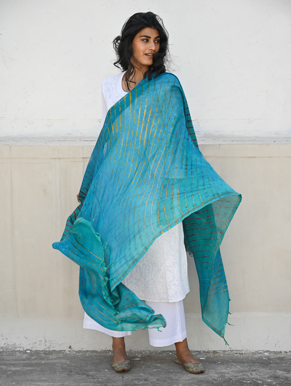 Exclusive Lehariya Chanderi Dupatta - Turquoise Wave.