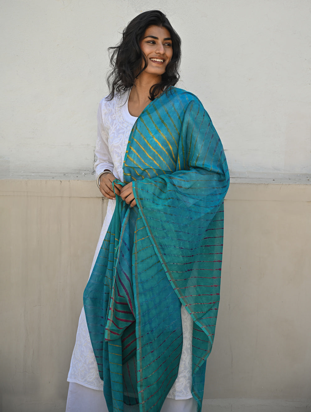 Exclusive Lehariya Chanderi Dupatta - Turquoise Wave.