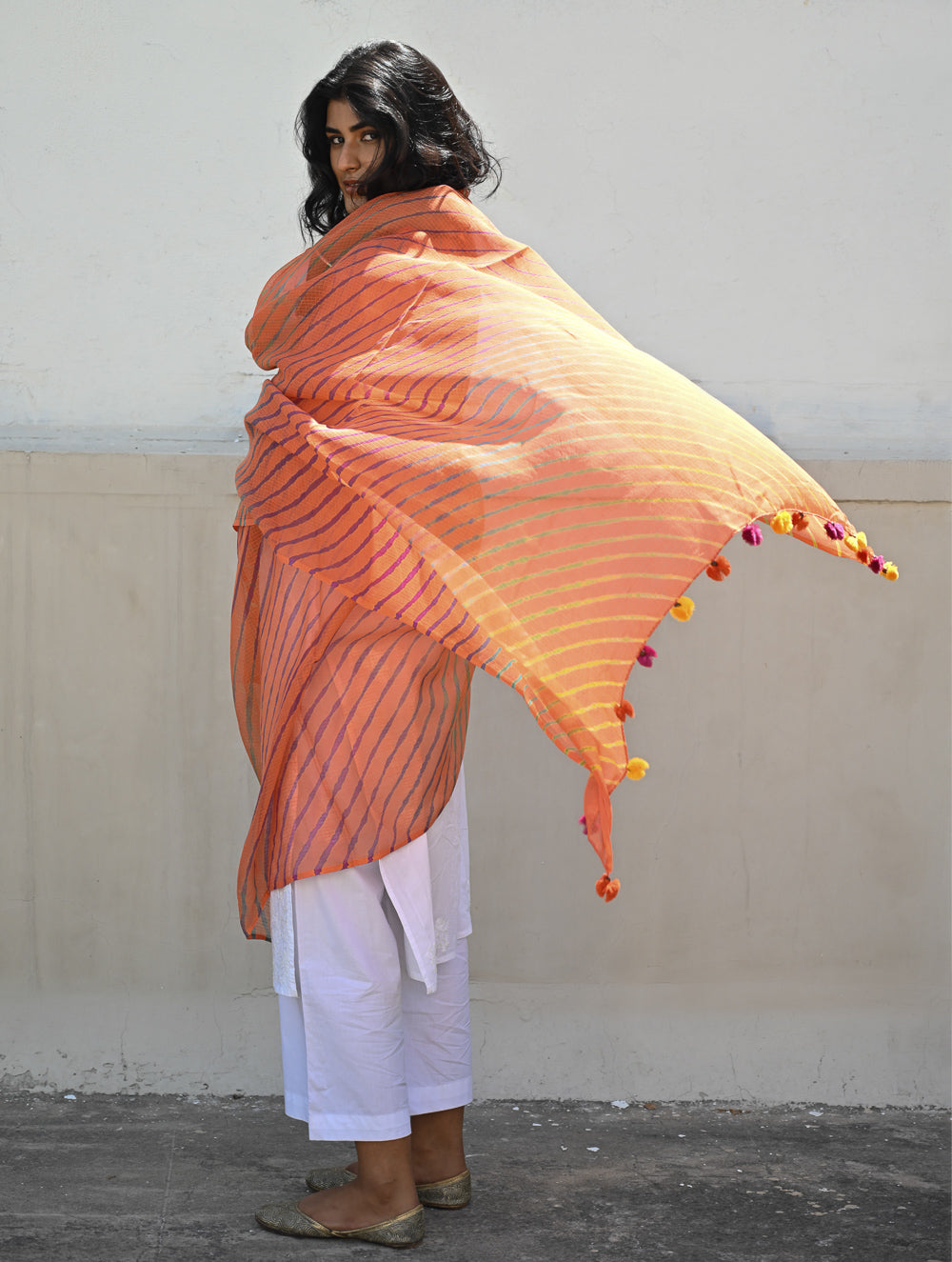 Soft Lehariya Kota Doria Cotton Dupatta - Coral Sunset.