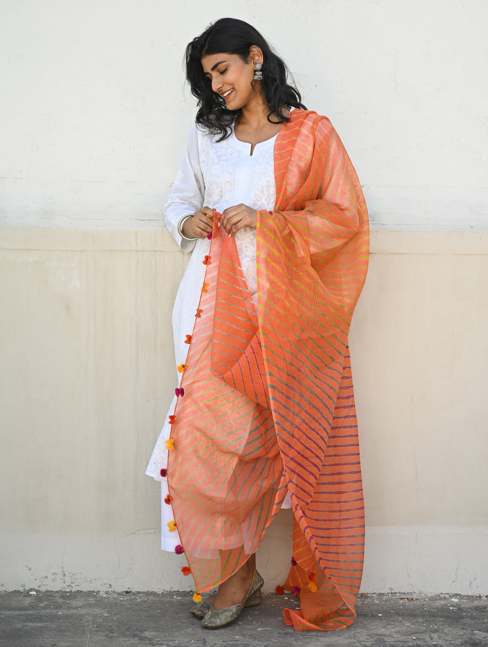 Soft Lehariya Kota Doria Cotton Dupatta - Coral Sunset.