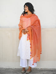 Soft Lehariya Kota Doria Cotton Dupatta - Coral Sunset.