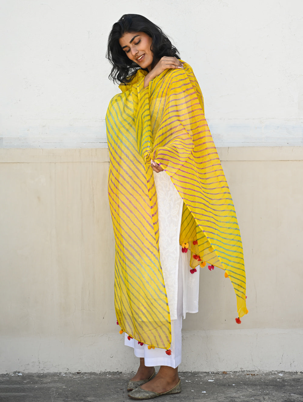 Soft Lehariya Kota Doria Cotton Dupatta - Sunshine Yellow.
