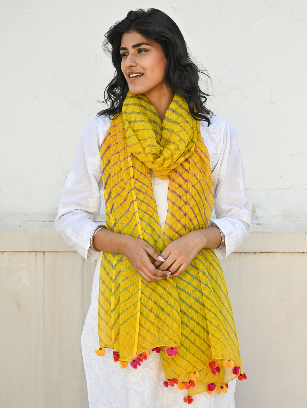 Soft Lehariya Kota Doria Cotton Dupatta - Sunshine Yellow.