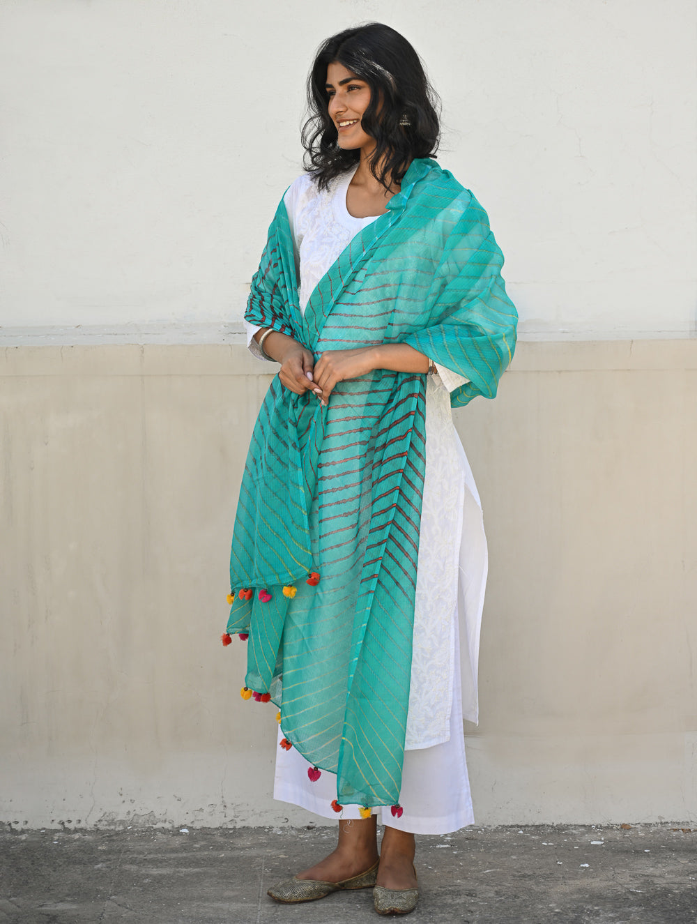 Soft Lehariya Kota Doria Cotton Dupatta - Teal Breeze.