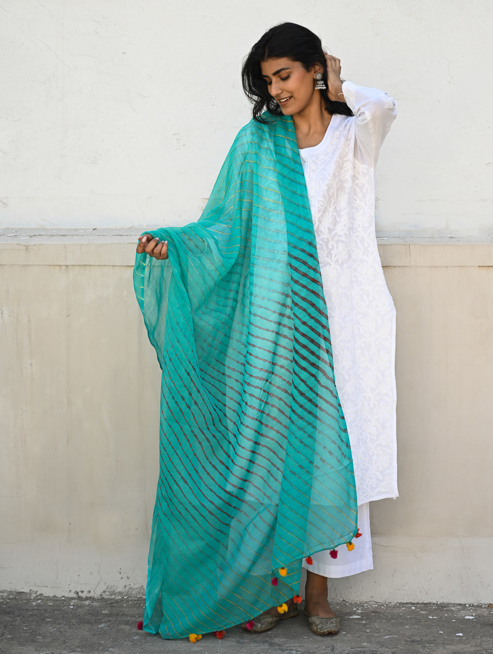 Soft Lehariya Kota Doria Cotton Dupatta - Teal Breeze.