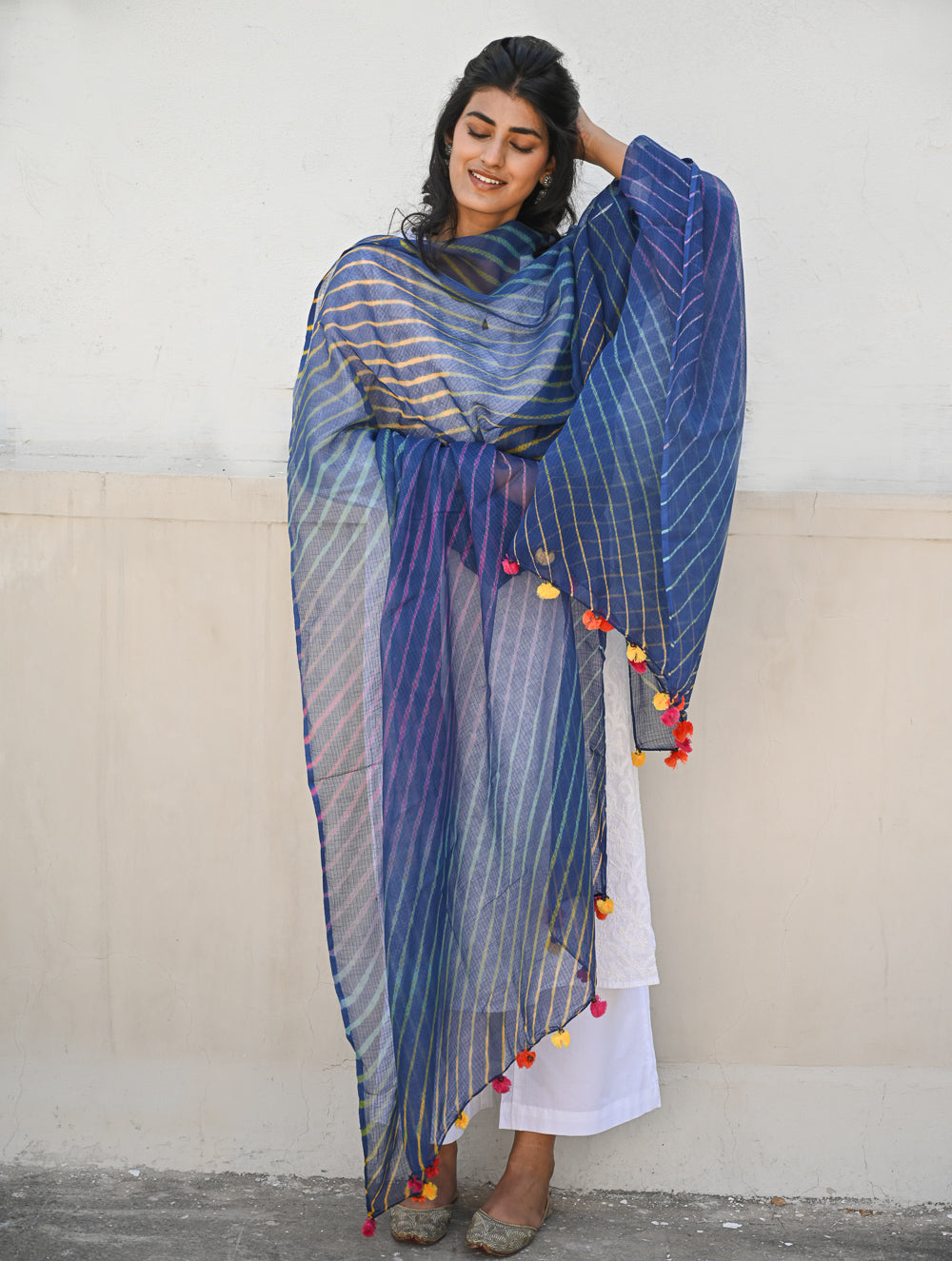 Soft Lehariya Kota Doria Cotton Dupatta - Midnight Blue.