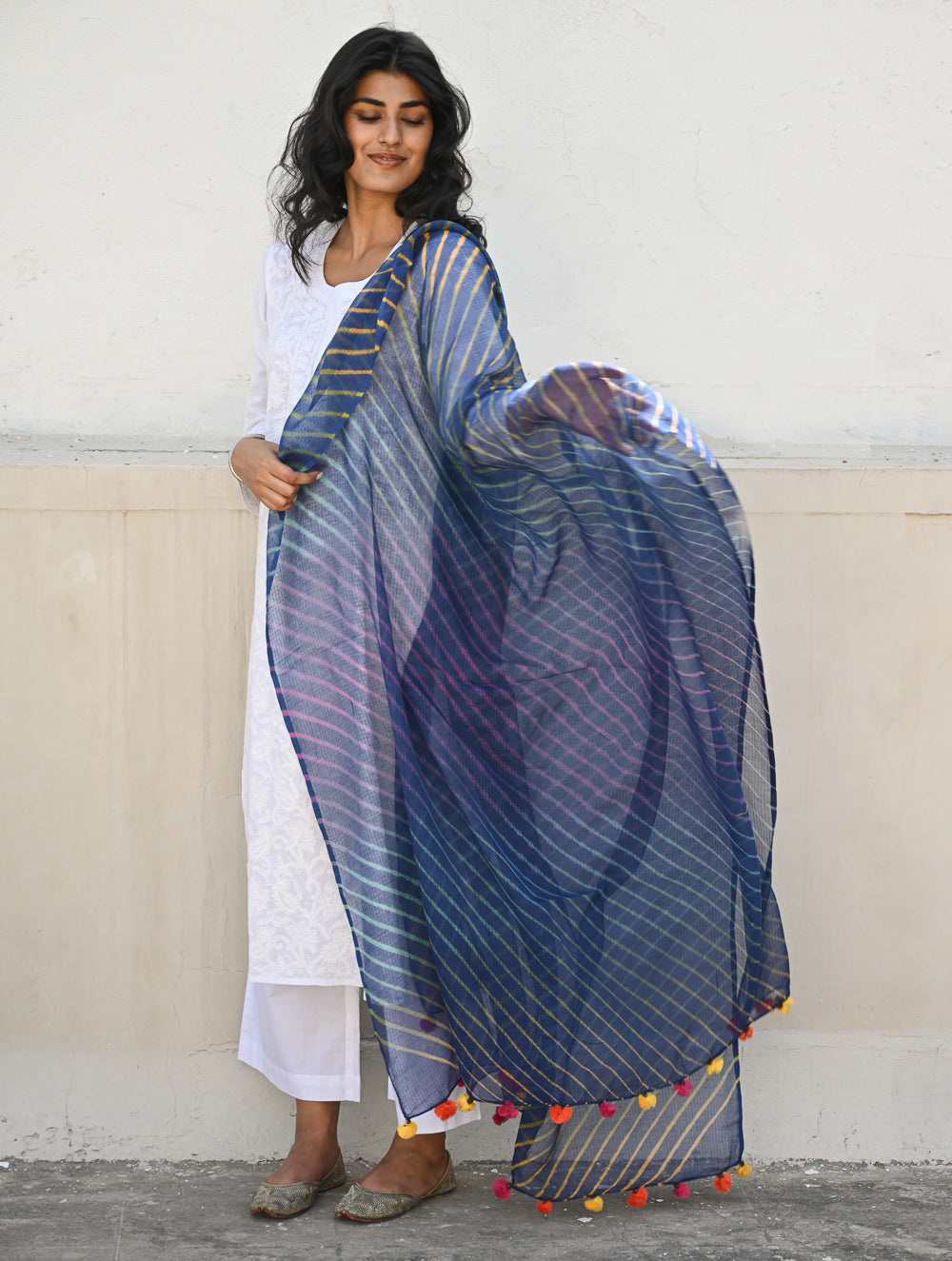 Soft Lehariya Kota Doria Cotton Dupatta - Midnight Blue.