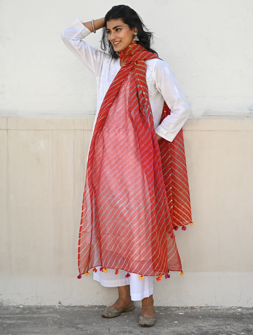 Soft Lehariya Kota Doria Cotton Dupatta - Scarlet Red.