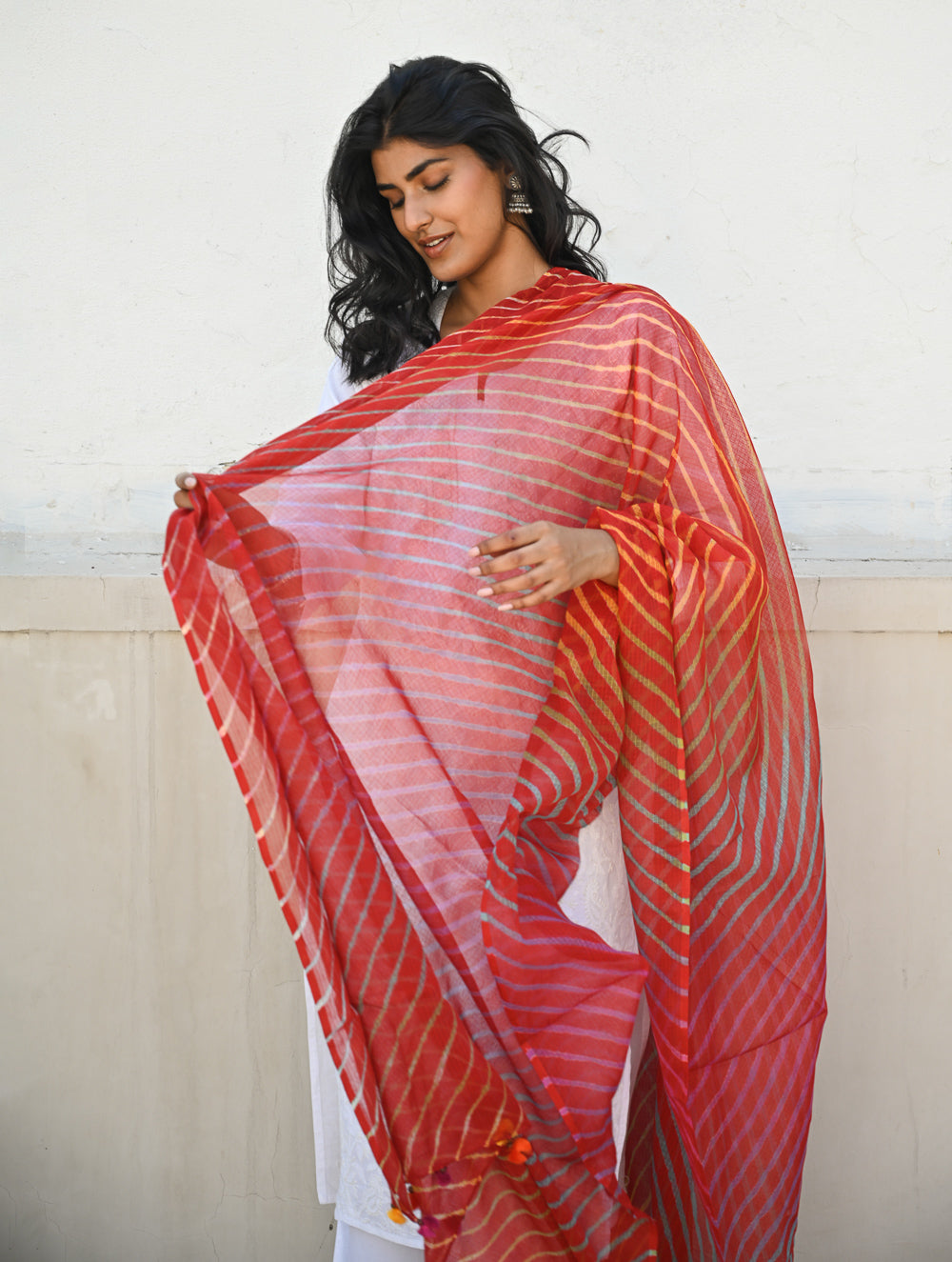 Soft Lehariya Kota Doria Cotton Dupatta - Scarlet Red.