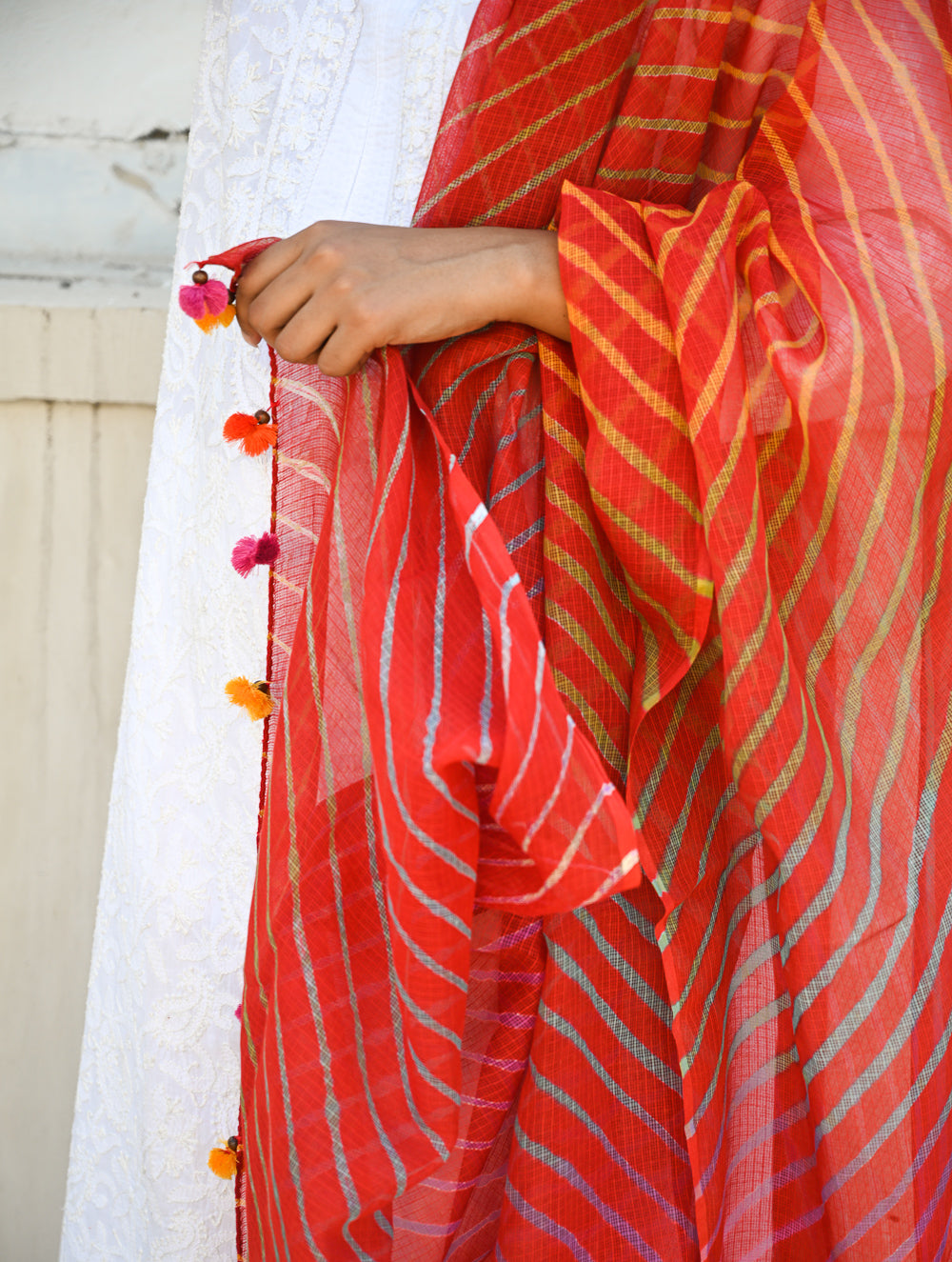 Soft Lehariya Kota Doria Cotton Dupatta - Scarlet Red.