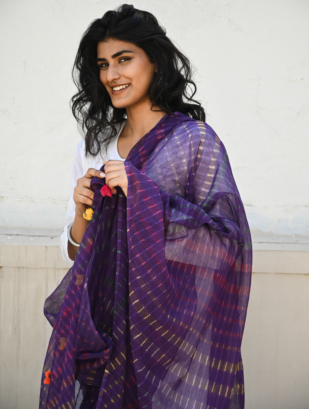 Soft Lehariya Kota Doria Cotton Dupatta - Royal Purple.