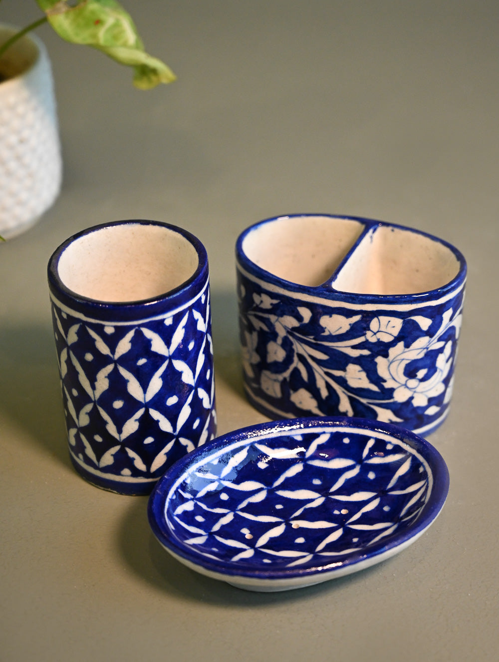 Jaipur Blue Pottery Wash Room Organisers - White Indigo (Set of 3)