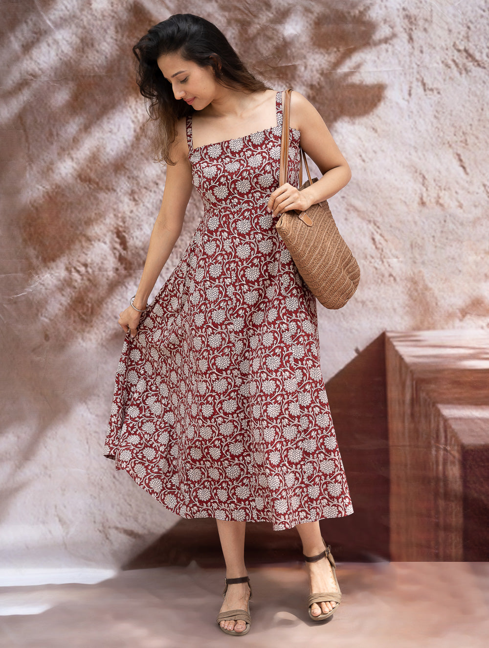 Load image into Gallery viewer, Bagh Hand Block Printed Flared Dress - Red Flora