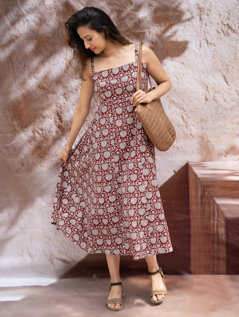 Bagh Hand Block Printed Flared Dress - Red Flora