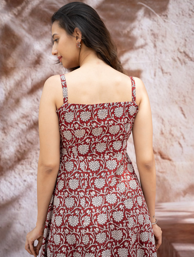 Bagh Hand Block Printed Flared Dress - Red Flora
