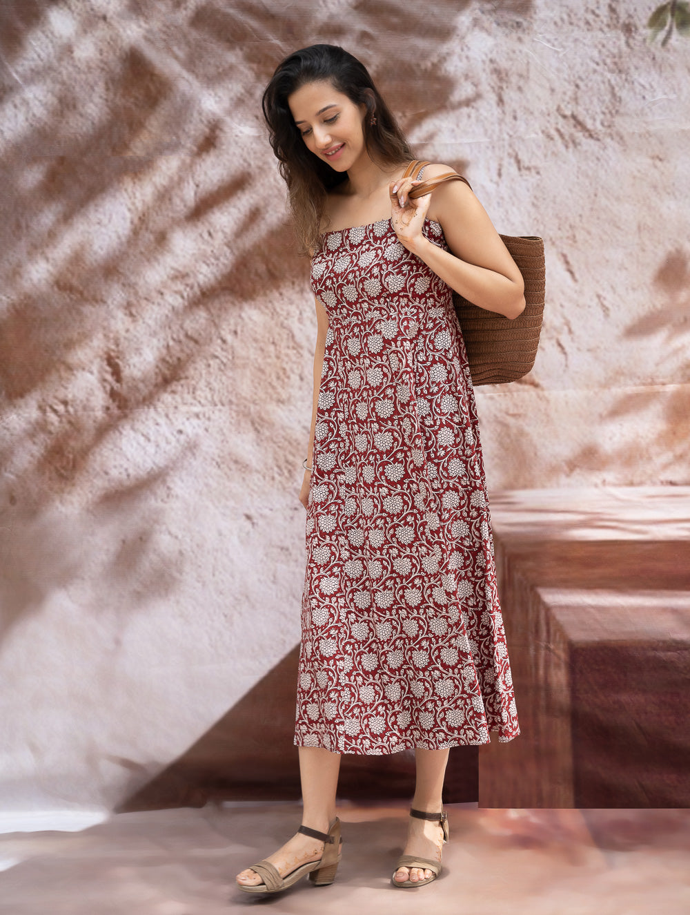 Load image into Gallery viewer, Bagh Hand Block Printed Flared Dress - Red Flora
