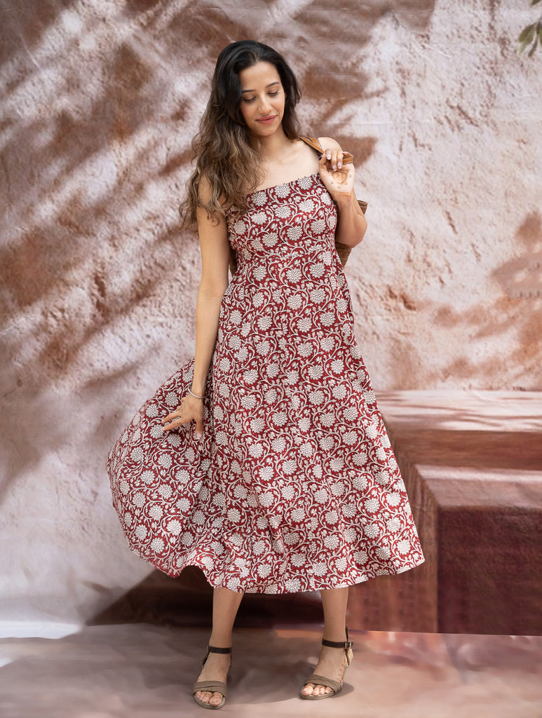 Bagh Hand Block Printed Flared Dress - Red Flora
