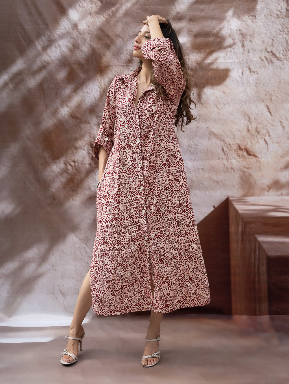 Load image into Gallery viewer, Bagh Hand Block Printed Shirt Dress - Red Paisley