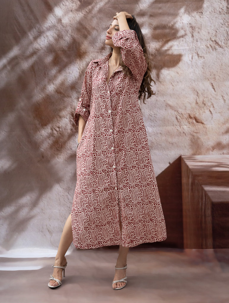 Bagh Hand Block Printed Shirt Dress - Red Paisley