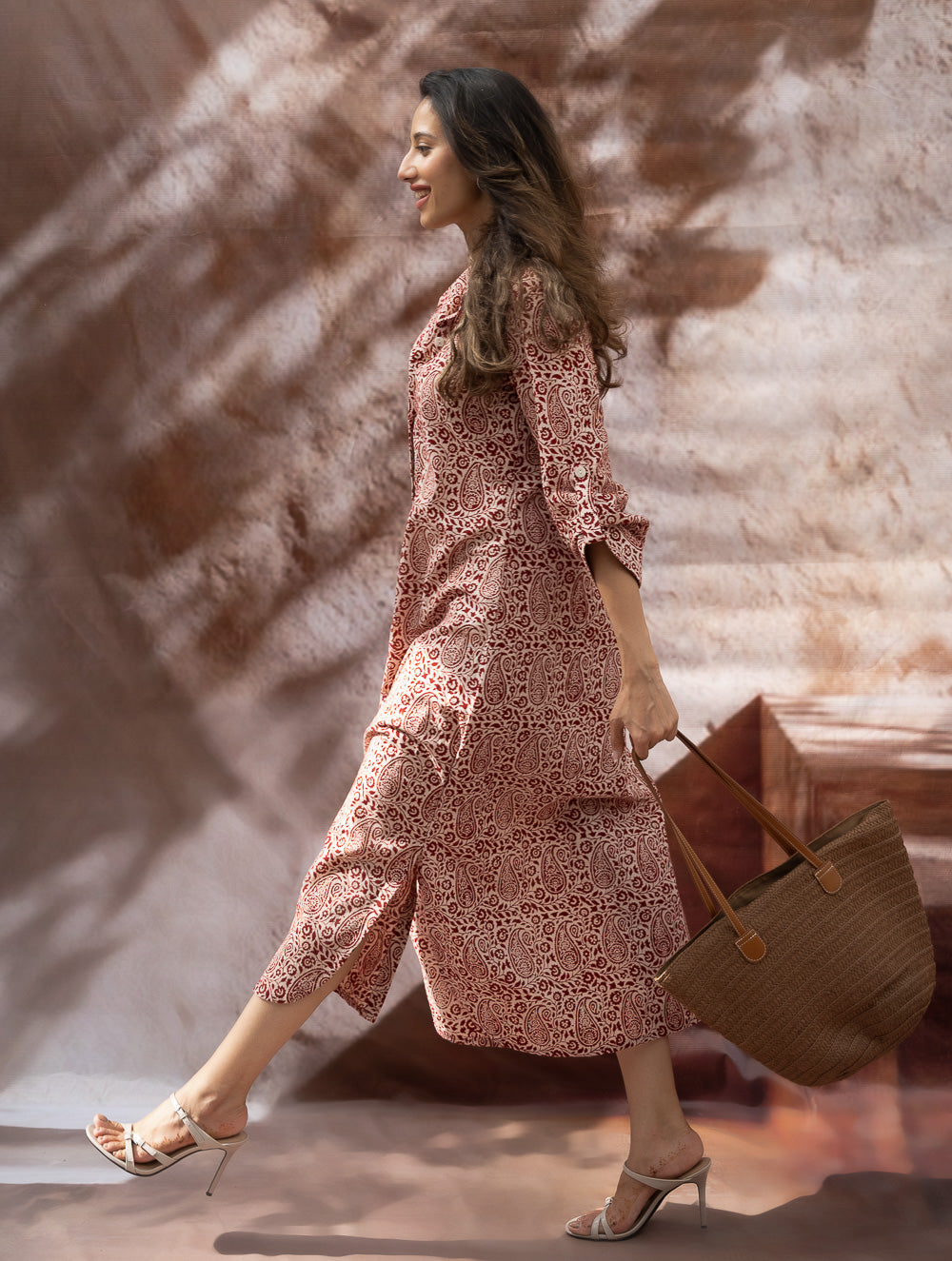 Load image into Gallery viewer, Bagh Hand Block Printed Shirt Dress - Red Paisley