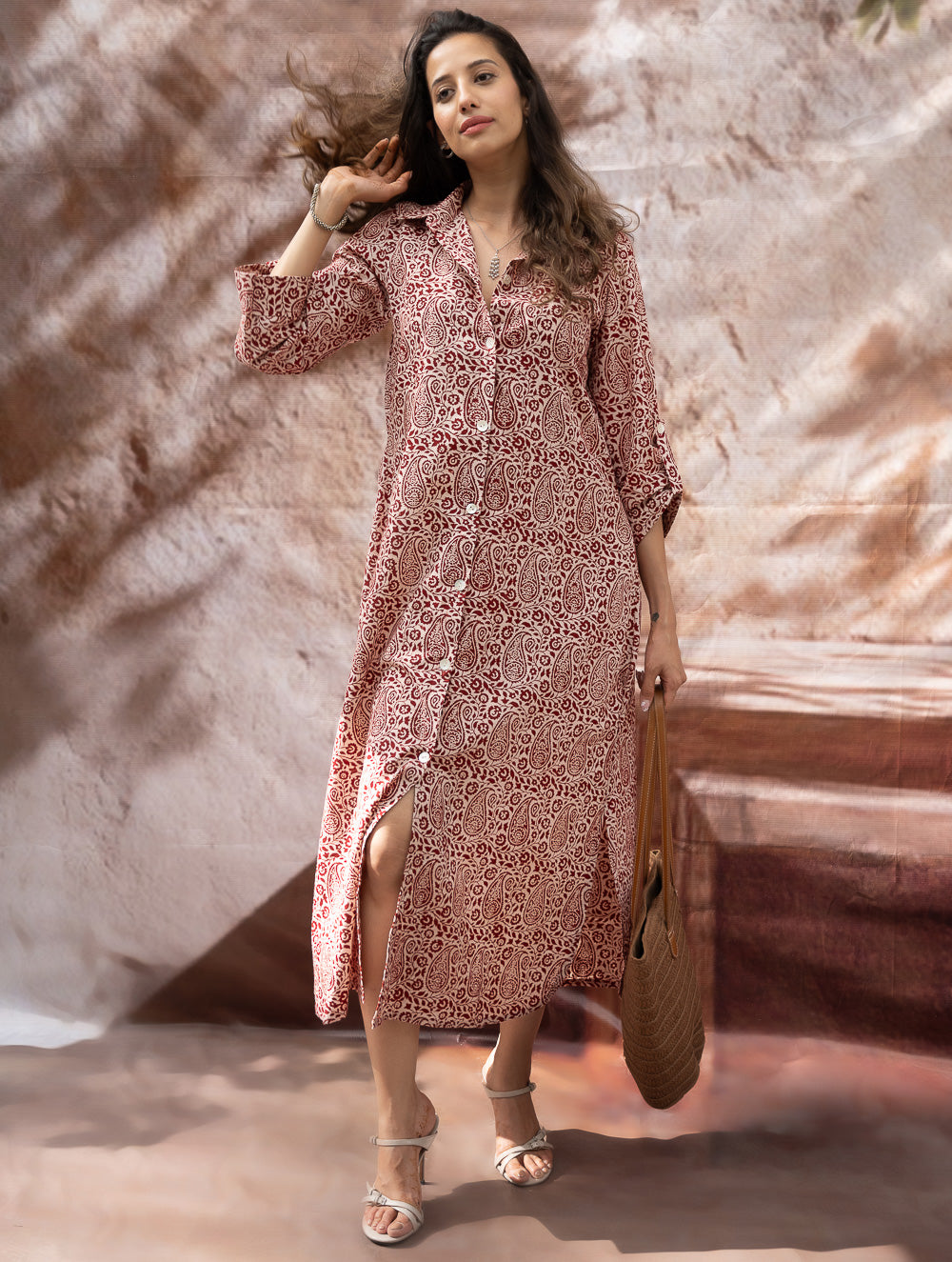 Load image into Gallery viewer, Bagh Hand Block Printed Shirt Dress - Red Paisley