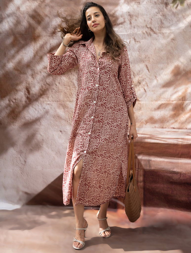 Bagh Hand Block Printed Shirt Dress - Red Paisley