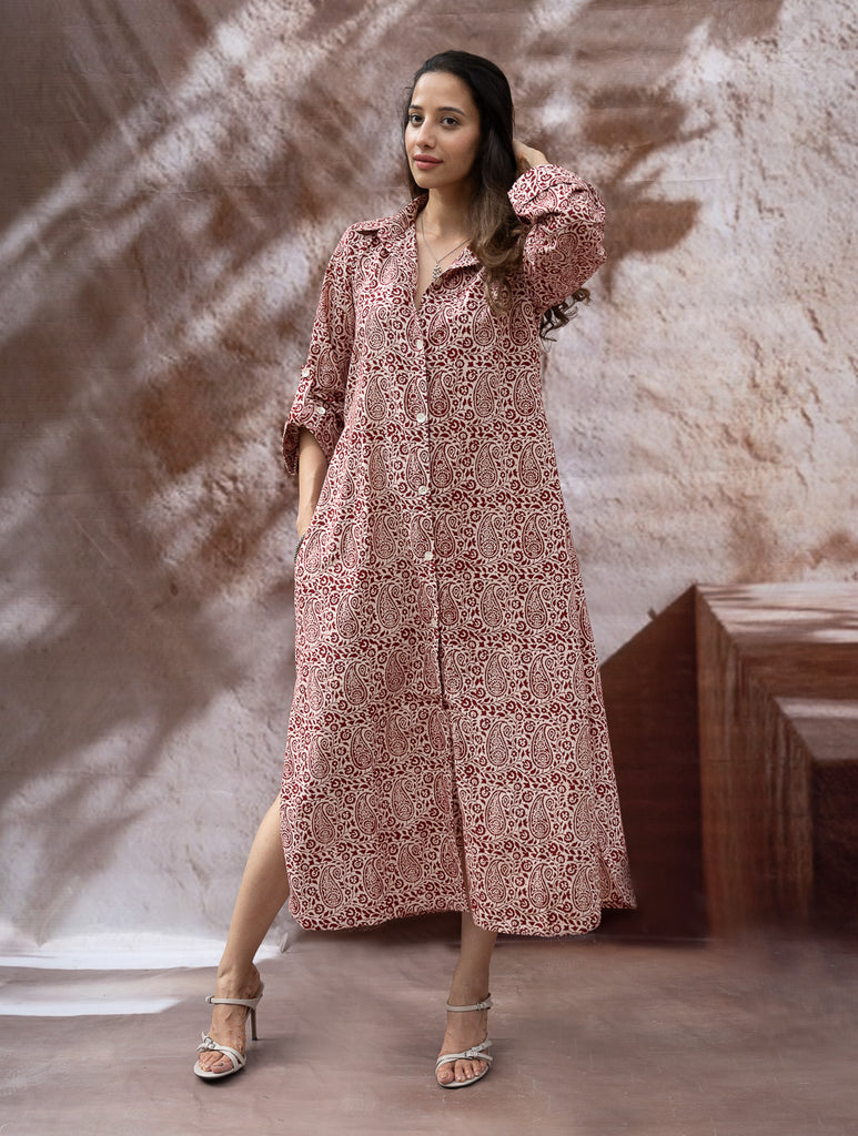 Bagh Hand Block Printed Shirt Dress - Red Paisley