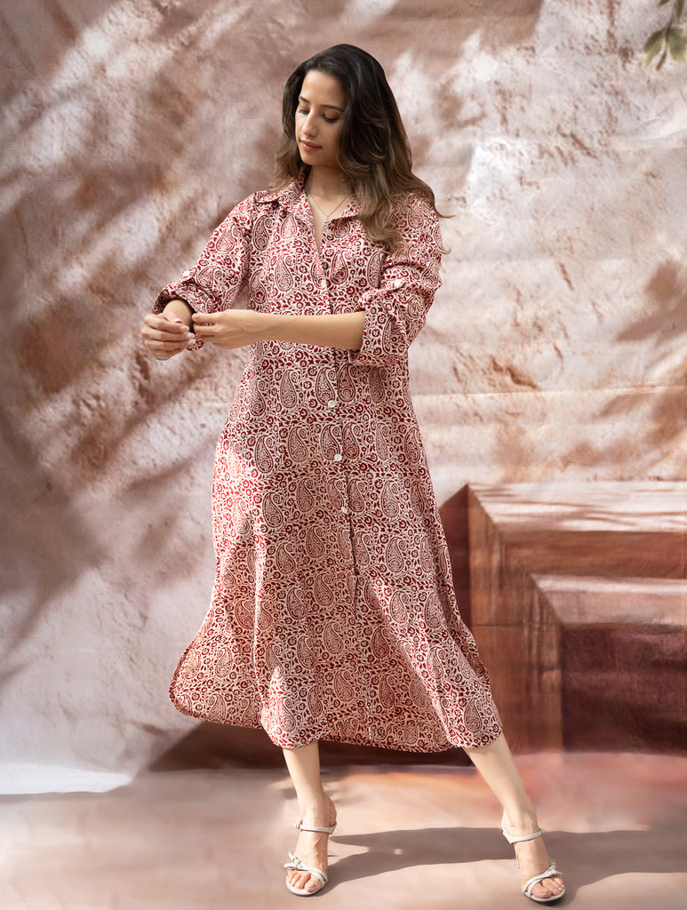 Bagh Hand Block Printed Shirt Dress - Red Paisley