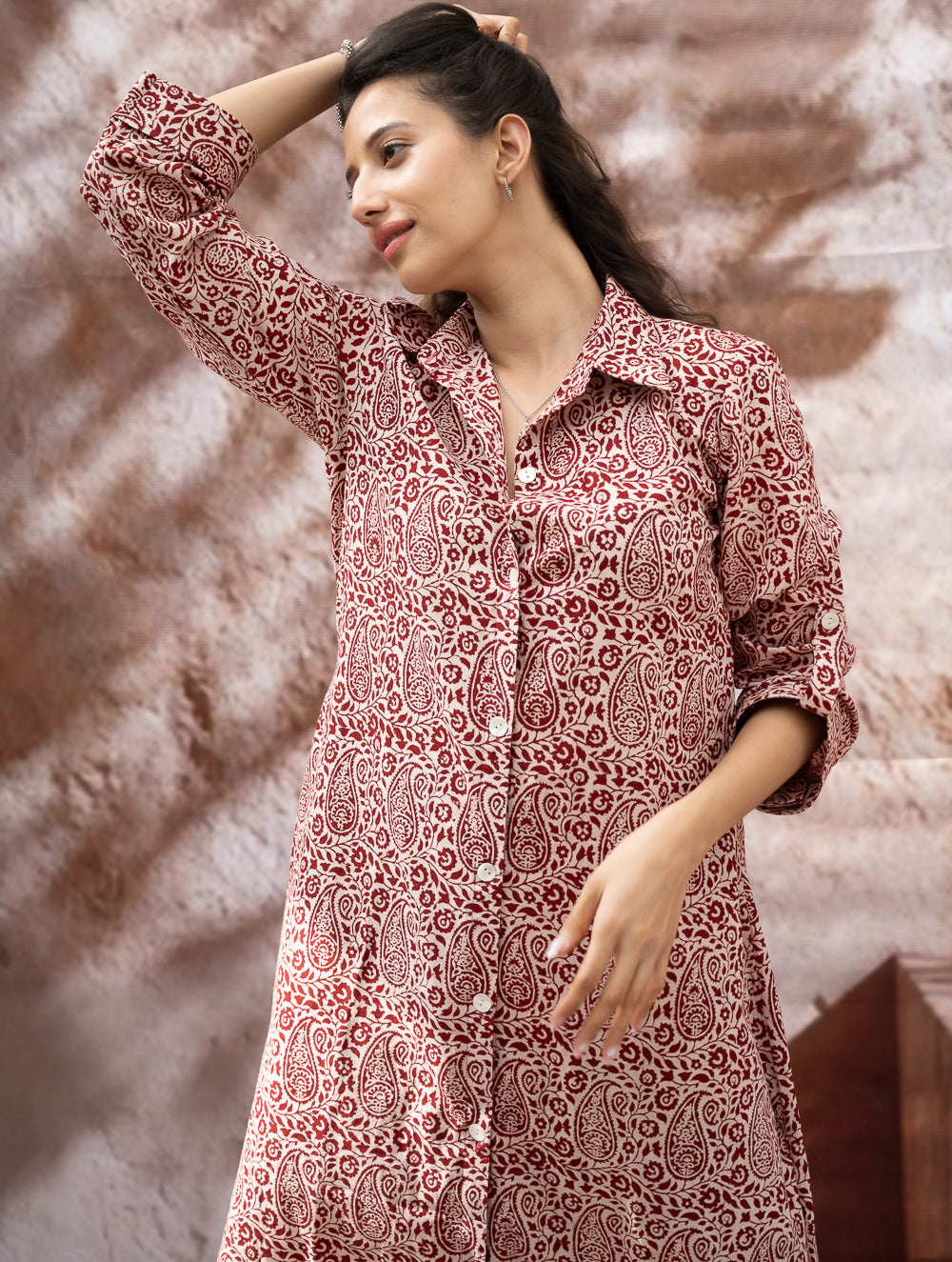 Load image into Gallery viewer, Bagh Hand Block Printed Shirt Dress - Red Paisley