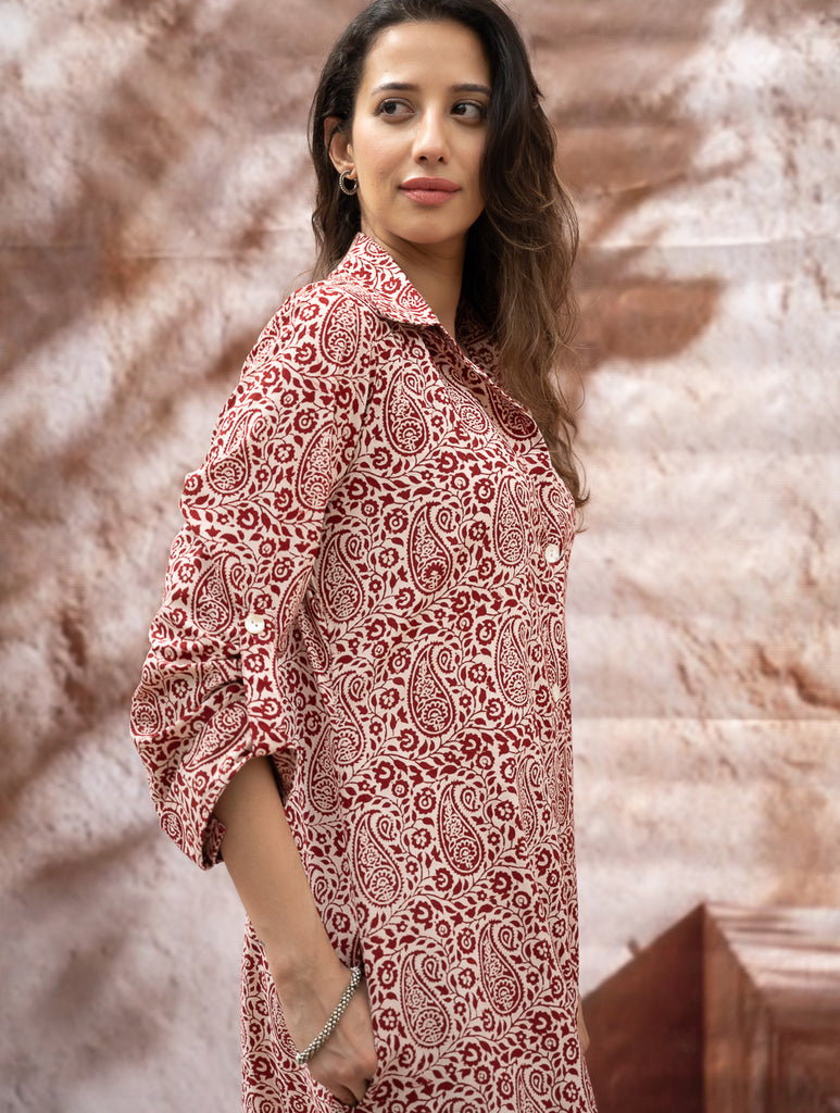 Bagh Hand Block Printed Shirt Dress - Red Paisley