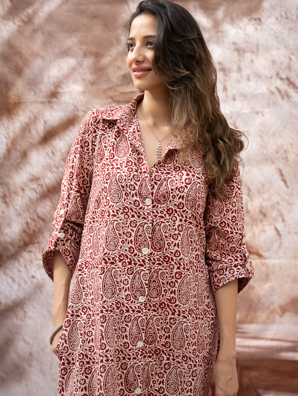 Load image into Gallery viewer, Bagh Hand Block Printed Shirt Dress - Red Paisley