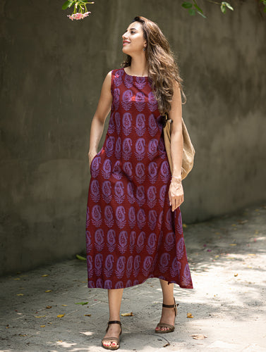 Bagh Print Cool Cotton Dress - Mauve Paisley